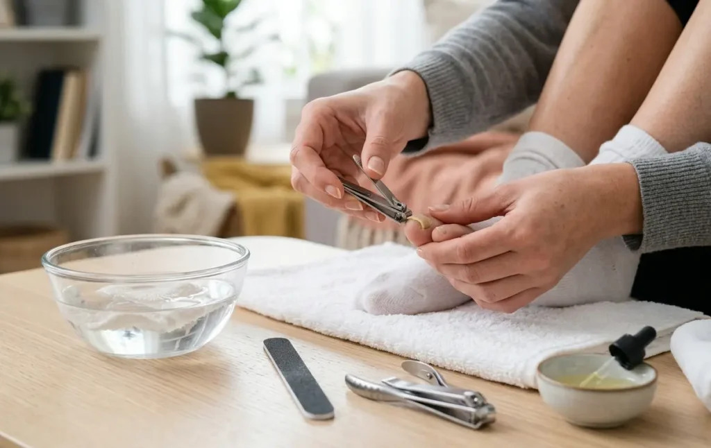 How to thin thick toenails using a warm water soak and gentle nail care tools.