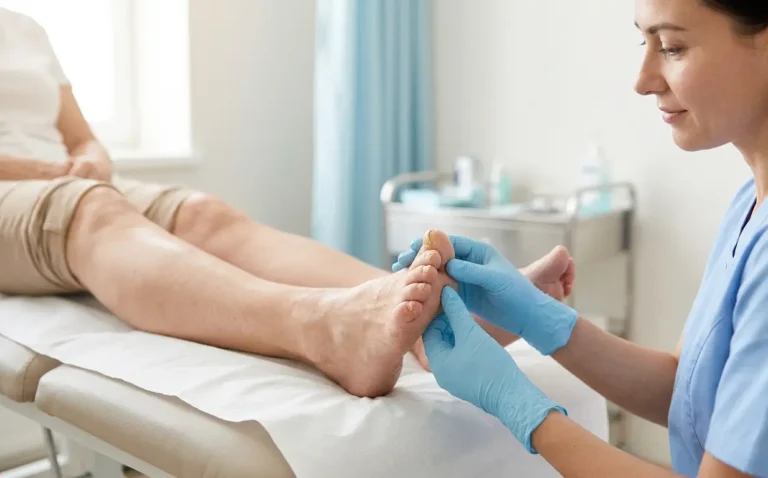 Thick toenail treatment consultation with a healthcare professional examining a thickened big toenail.
